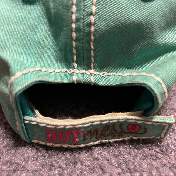Teal Distressed Cap with Embroidered Patch that says “Hot Southern Mess” - Picture 2 of 4